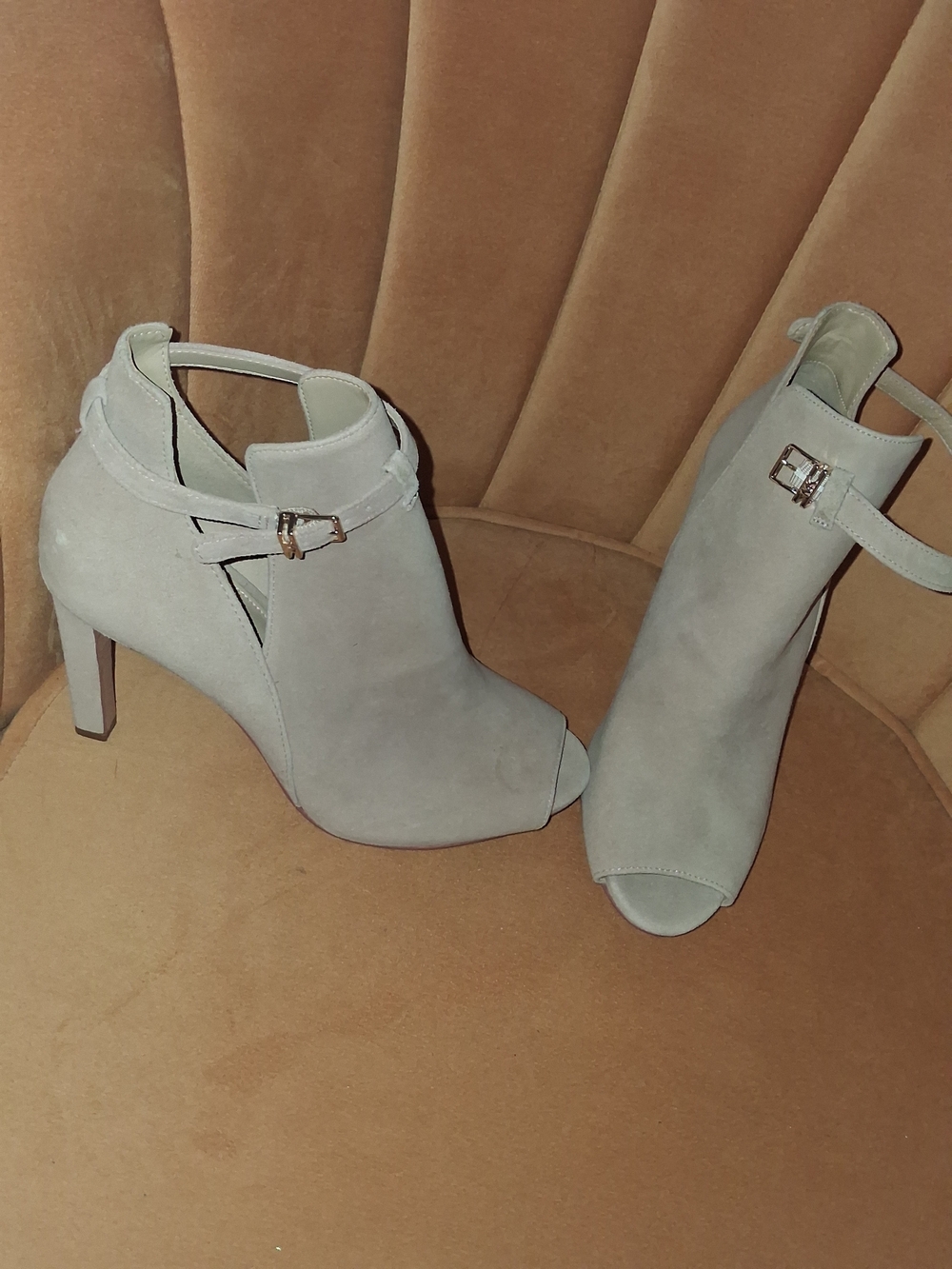 Michael Kors Taupe Suede Peep-Toe Ankle Strap Heels - Picture 3 of 4